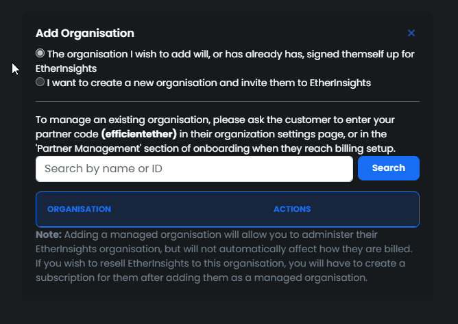 Adding Existing Organization